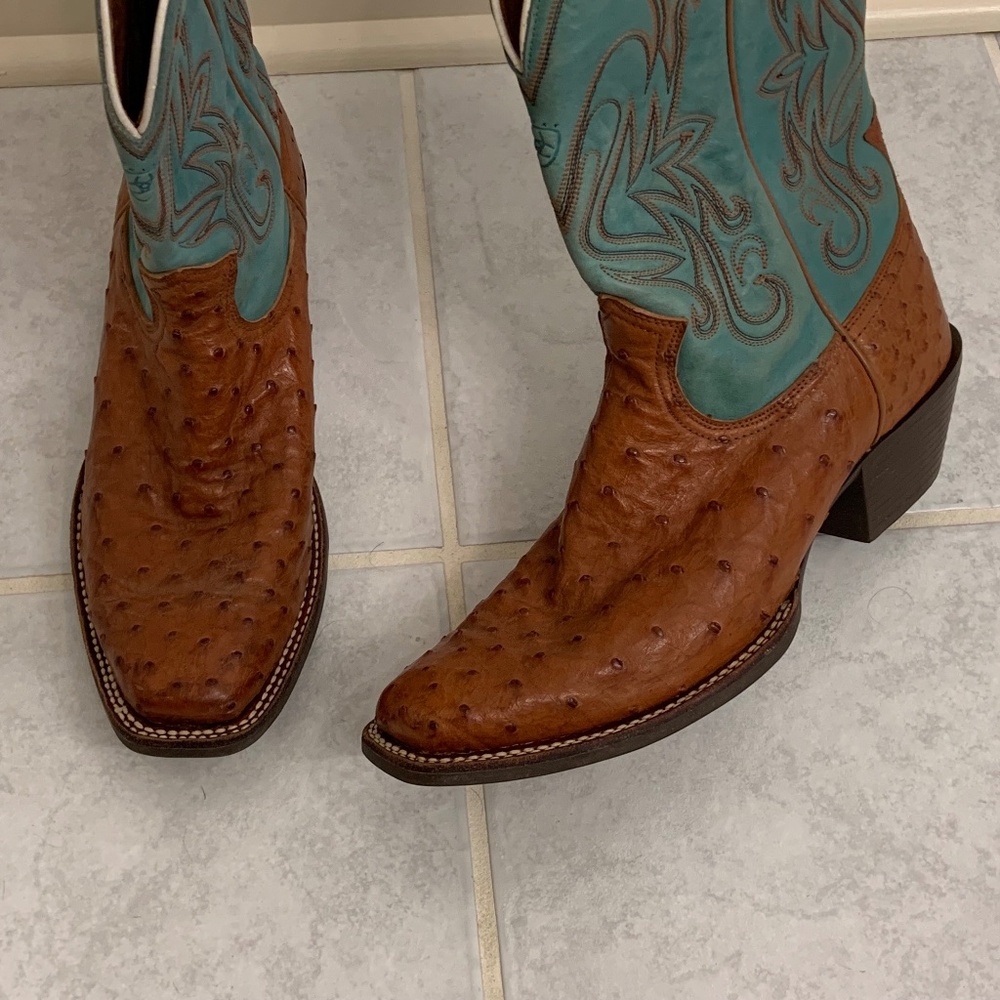 Ariat Full Quill Ostrich Cowboy Boots Brown Blue Womens 10B, Mens 8.5, Eu 41.5